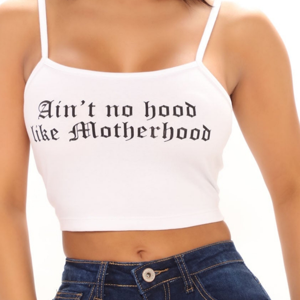"Ain't no hood like motherhood" cropped tank top (L)